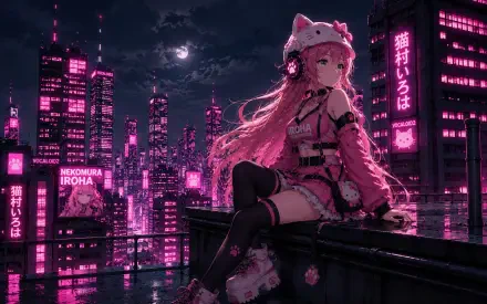 Nekomura Iroha anime on a rooftop in a neon pink cyberpunk city at night, wearing headphones and a cat‑ear hood — 4K Ultra HD PC desktop wallpaper/background.