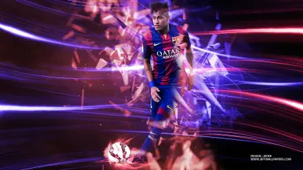 HD PC desktop wallpaper: a dynamic soccer forward in FC Barcelona kit dribbling amid neon shards and streaking motion trails, vivid blue and red background.