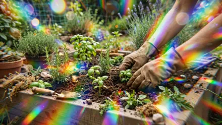 Gloved hands planting a seedling among herbs with rainbow prism bokeh — gardening, seedling, hand; 4K Ultra HD PC desktop wallpaper and background.