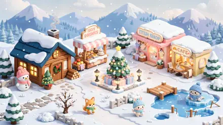 Kawaii winter Christmas village 4K Ultra HD PC desktop wallpaper — snowy cottages, festive stalls, a decorated central tree, frozen pond and adorable characters.