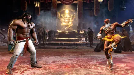 4K Ultra HD PC desktop wallpaper: Street Fighter 6 featuring Arjun (Street Fighter) and a rival fighter in a martial arts standoff in a dim temple arena with a golden statue.
