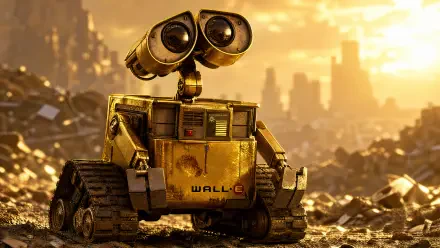 Wall·E animated character bathed in golden light among junkyard rubble — 4K Ultra HD PC desktop wallpaper background.