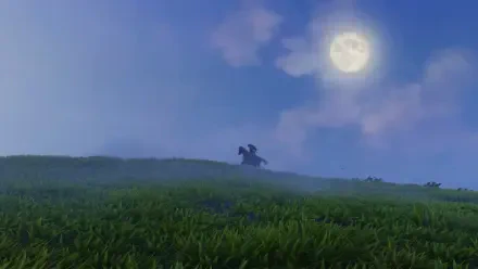 HD PC desktop wallpaper: The Legend of Zelda: Ocarina of Time — silhouetted rider on horseback crossing a grassy ridge beneath a full moon.