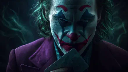 Joker close-up in smeared clown makeup and purple suit, green hair and playing cards — moody 4K Ultra HD PC desktop wallpaper.
