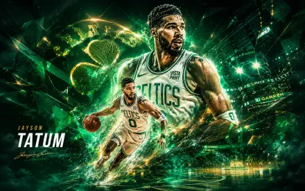 4K Ultra HD desktop wallpaper featuring a Boston Celtics player in action — dynamic green energy background with a close-up portrait and a dribbling full-body shot.