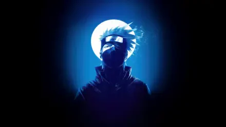 Kakashi Hatake (Naruto) 5K Ultra HD PC desktop wallpaper: silhouetted figure with mask and headband before a glowing blue moon, dramatic cool-blue lighting and mist.