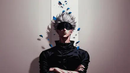 Kakashi Hatake (Naruto) 5K Ultra HD desktop wallpaper: masked, white-haired ninja with arms crossed, blue petals drifting around him against a minimalist pale background.
