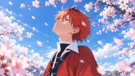 Anime wallpaper (Frieren: Beyond Journey's End) — red-haired character in a red coat gazes skyward amid cherry blossoms and falling petals against a bright blue sky. 2K Quad HD PC desktop background.