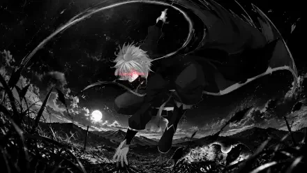 Monochrome anime scene from Frieren: Beyond Journey's End — cloaked figure crouches on a moonlit battlefield, cloak swirling amid stars; high-contrast 2K Quad HD PC desktop wallpaper/background.