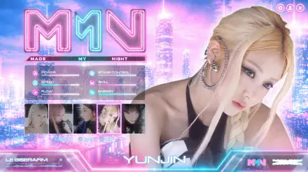 5K Ultra HD PC wallpaper: blonde K-pop idol close-up against neon pink-blue cyberpunk city, Overwatch 2–style HUD and photo-strip overlays, glossy futuristic pop aesthetic.