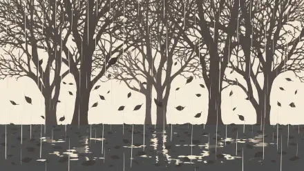 2K Quad HD PC wallpaper: rainy fall forest of bare trees, leaves swirling and puddles reflecting trunks, a lone bird perched among branches.