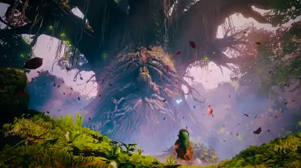 5K Ultra HD wallpaper: Link kneels before the towering Great Deku Tree in fantasy game art from The Legend of Zelda: Ocarina of Time (2026), glowing forest light and drifting leaves.