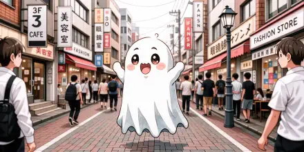 Cute ghost floating happily in a busy Japanese-style shopping street with storefronts and pedestrians, 2K Quad HD PC desktop wallpaper/background.