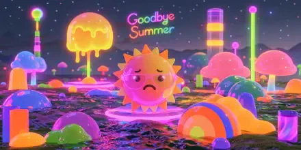 Neon Goodbye Summer cartoon scene: sad melting sun amid glowing mushrooms and domes, vibrant 2K Quad HD PC desktop wallpaper and background.