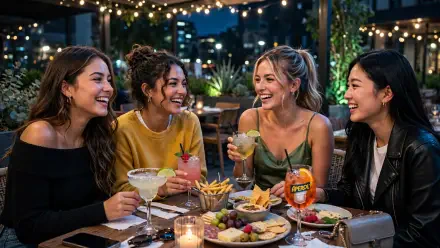 HD PC desktop wallpaper of four women friends enjoying a girls' night at a restaurant, laughing over cocktails and shared plates beneath warm string lights.