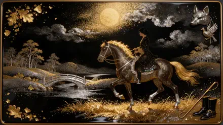 Weekend Equestrian — horse and rider in gold-accent moonlit landscape with stone bridge and fox motif; ornate 2K Quad HD PC desktop wallpaper background.