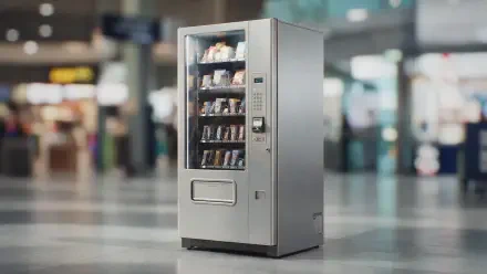 2K Quad HD PC desktop wallpaper and background: a silver vending machine in a bright modern terminal with blurred travelers and glossy floor reflections.