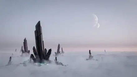 Sci-fi planet landscape: jagged rock spires piercing thick fog beneath twin crescent moons — 2K Quad HD PC desktop wallpaper.