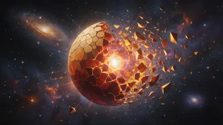 2K Quad HD PC desktop wallpaper: planet destruction in space — a fiery planet exploding, hexagonal crust shattering into glowing shards and debris.