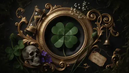 2K Quad HD PC desktop wallpaper and background: ornate gold frame encircles a vivid four-leaf clover (clover) amid a skull, hourglass, bells and dark foliage.