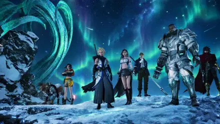 Final Fantasy VII Revelation 4K Ultra HD PC desktop wallpaper: a team of warriors from the video game Final Fantasy stand on snowy terrain beneath auroras, weapons drawn.