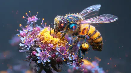 2K Quad HD PC desktop wallpaper: AI Art Fantasy & Sci‑Fi nature scene — an iridescent, jewel-like bee pollinating purple blossoms in a luminous, otherworldly garden.