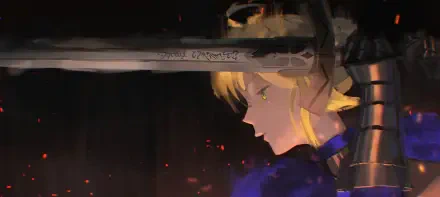 2K Quad HD anime desktop wallpaper of Artoria Pendragon (Fate), side profile with raised sword, glowing green eye, embers drifting against a dark, moody backdrop.