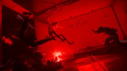 Control Resonant 2K Quad HD PC desktop wallpaper: silhouetted divers underwater, bathed in deep red light amid drifting debris.