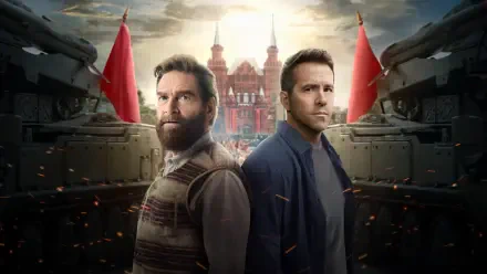 Mayday 4K Ultra HD PC desktop wallpaper and background: two stern men back-to-back amid tanks and red flags before a red‑spired cathedral under smoky skies with flying embers