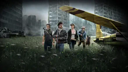 The Dog Stars 4K Ultra HD PC desktop wallpaper: four survivors and a yellow bush plane walk through an overgrown field among crumbling high-rises under a stormy sky.