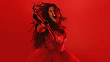 Screaming woman in a blood-red gown brandishing an axe against a red backdrop — 4K Ultra HD PC desktop wallpaper for Monster: The Lizzie Borden History.