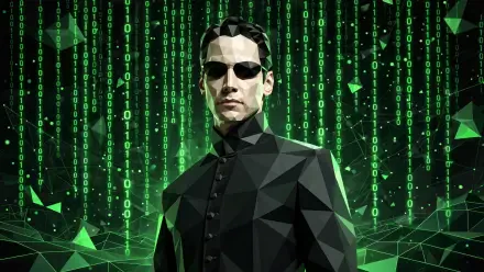 HD PC desktop wallpaper of Neo (The Matrix): polygonal man in black coat and sunglasses standing before cascading green Matrix code.