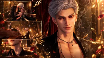 4K Ultra HD PC desktop wallpaper: Sylus, an anime male in a Love and Deepspace-inspired scene—close-up portrait with smoldering gaze, leather jacket and cinematic gold lights.