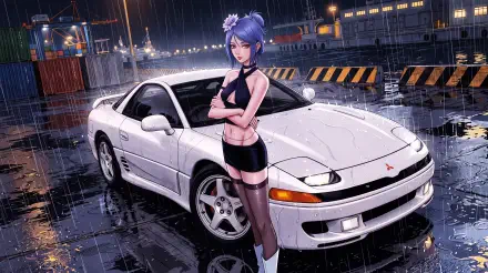 5K Ultra HD PC desktop wallpaper of Konan (Naruto): blue‑haired anime girl leaning against a white Mitsubishi Eclipse on a rain‑slick city night.