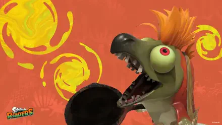 Splatoon Raiders HD PC desktop wallpaper and background: stylized green dino with orange mohawk roaring, holding a black disc against an orange field splashed with yellow paint swirls.
