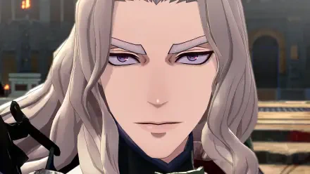 Anime portrait of Dietrich from Fire Emblem: Fortune's Weave — silver hair, sharp purple eyes, close-up 4K Ultra HD PC desktop wallpaper/background.