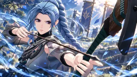Ursula (Fire Emblem: Fortune's Weave), anime archer girl drawing a bow amid banners and swirling light — 4K Ultra HD PC desktop wallpaper/background.