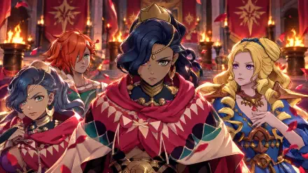 Fire Emblem: Fortune's Weave 4K Ultra HD PC desktop wallpaper — anime warrior Leda stands center in ornate armor and red cloak, flanked by three allies amid burning banners.