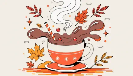 Fall coffee mug illustration: steaming autumn mug with swirling steam, floating maple leaves and sparkles — 2K Quad HD PC desktop wallpaper and background.