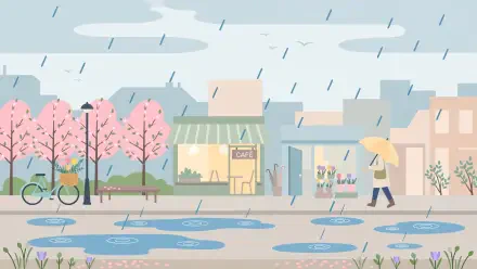 HD PC desktop wallpaper/background: spring rain on a pastel street—figure with umbrella walks past a cafe, cherry blossoms, puddles and a parked bicycle.