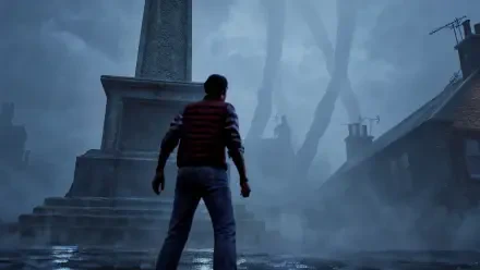 Silent Hill: Townfall 4K Ultra HD PC desktop wallpaper/background — lone figure stands at a rain-slick path before a fog-shrouded graveyard and towering monument, trees fading into misty night.