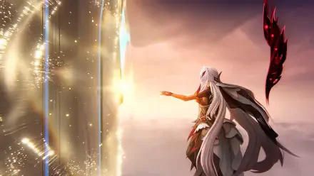 HD PC wallpaper of Ronova (Genshin Impact): anime woman with long white hair reaching toward a glowing portal against a sunset sky, a dark feathered wing hovering behind her.