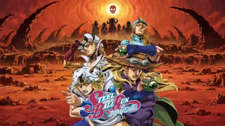 Steel Ball Run anime poster-style 4K Ultra HD PC desktop wallpaper featuring Johnny Joestar and Gyro Zeppeli posed dramatically against a fiery desert sky.