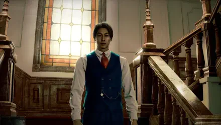 HD PC desktop wallpaper Stranger Than Heaven — a man in a blue vest and red tie stands by ornate wooden stairs beneath a tall stained-glass window.