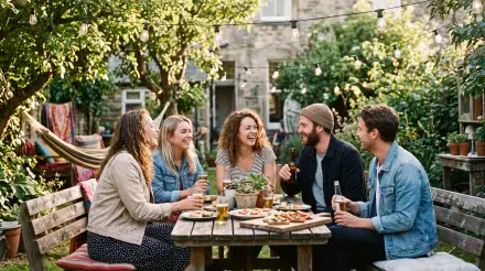 Group of friends sharing a garden picnic at a wooden table with drinks and snacks — 5K Ultra HD PC desktop wallpaper radiating good vibes.