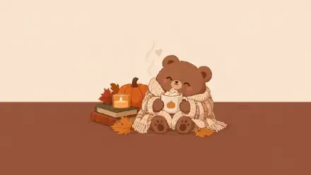 4K Ultra HD PC desktop wallpaper of a cozy fall scene: a teddy bear wrapped in a blanket cradling a mug beside a lit candle, stacked books, a pumpkin and scattered autumn leaves.