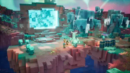 Minecraft Dungeons II HD PC desktop wallpaper/background: floating blocky island with a glowing crystal portal, pixelated adventurers, icy cliffs and a vibrant video game sky.