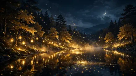 HD PC wallpaper of a moonlit forest river at night — crescent moon over mountains, warm lantern glows reflecting on water, star-filled sky and a tranquil night mood.