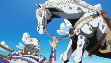HD PC wallpaper: Johnny Joestar reaches to touch a dappled horse's muzzle beneath a bright blue sky — Steel Ball Run anime rider and mount.