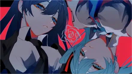 Ado-inspired and Hatsune Miku anime girls face-to-face in vivid blues and reds — 4K Ultra HD PC desktop wallpaper background.